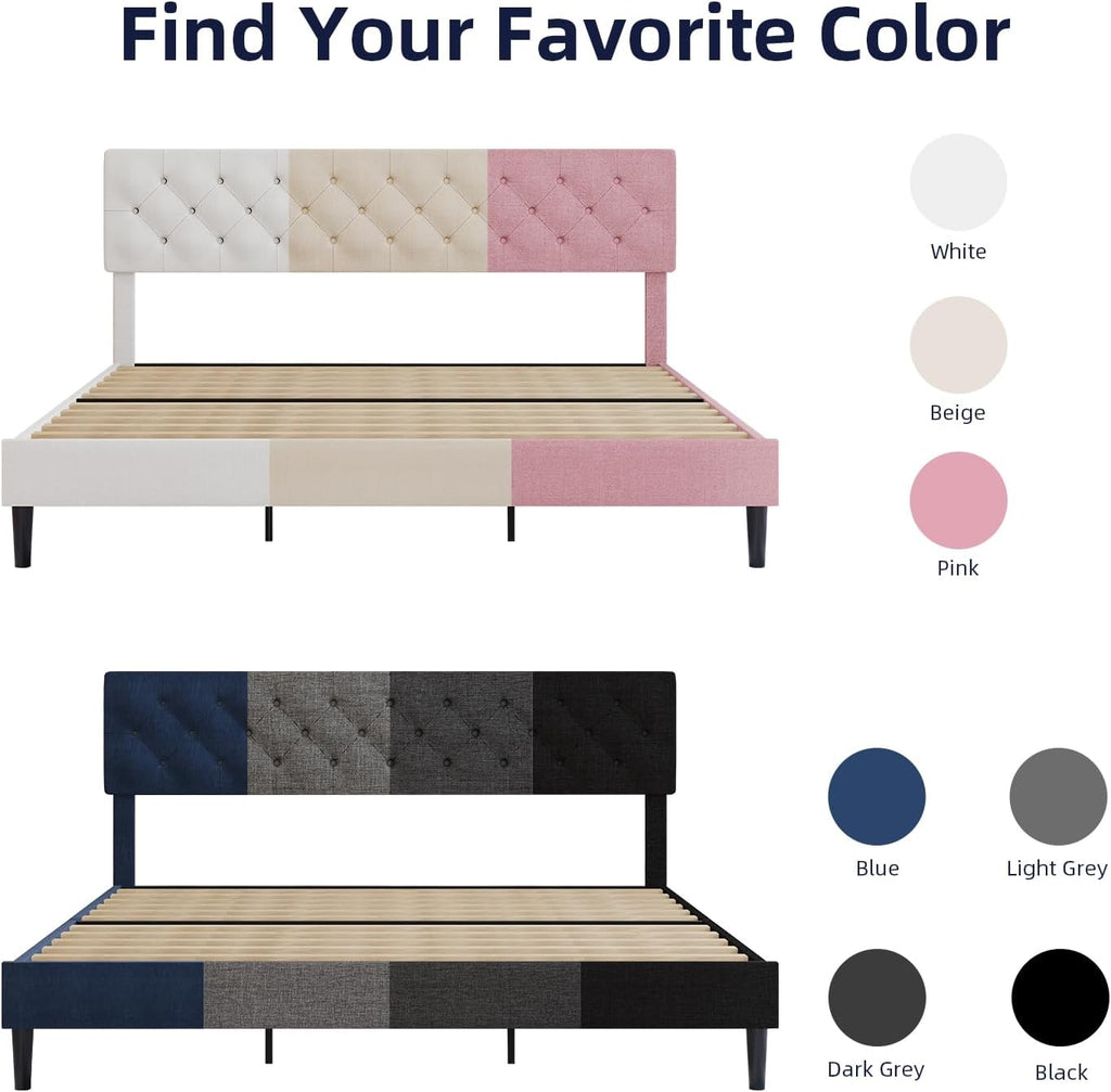 BarnFurin King Size Platform Bed Frame, Fabric Upholstered Bed with Button Tufted Headboard, Adjustable Headboard Design, Easy Assembly, No Box Spring Required, Pink