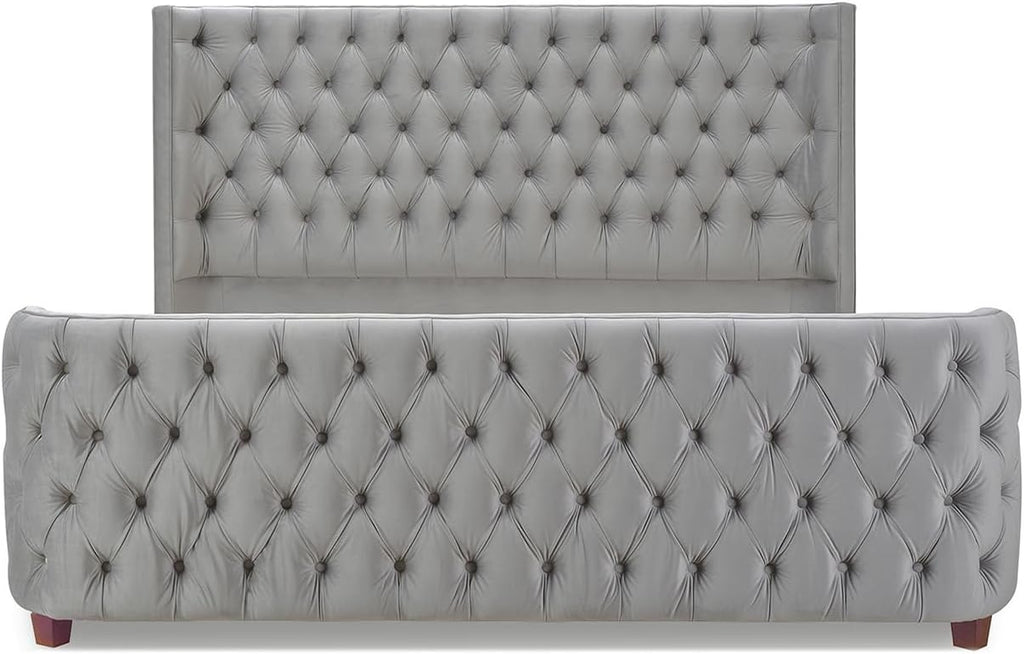 Jennifer Taylor Home Harmonie King Tufted Panel Bed Headboard and Footboard Set, Opal Grey Velvet