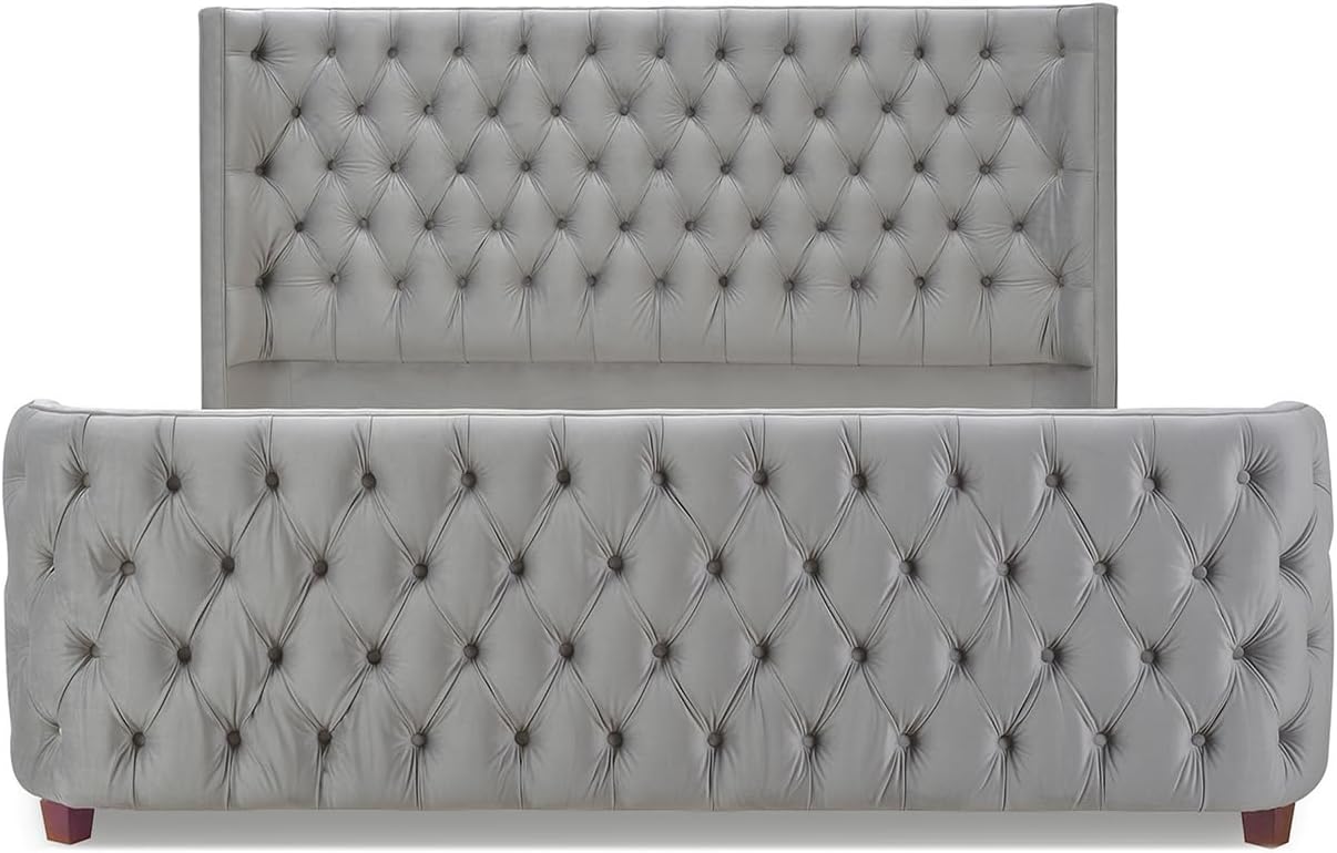 Jennifer Taylor Home Harmonie King Tufted Panel Bed Headboard and Footboard Set, Opal Grey Velvet