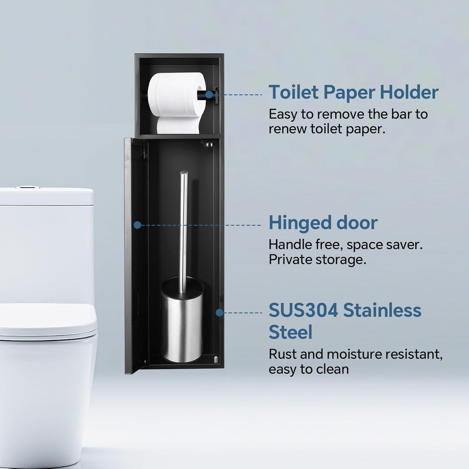 Recessed Toilet Paper Holder Plus Toilet Brush Cupboard in Matte Black with Toilet Brush, Size 6 * 24 * 4.94in (L*H*D), Built-in Toilet Paper Dispenser, Modern and Space-Saving for Bathroom