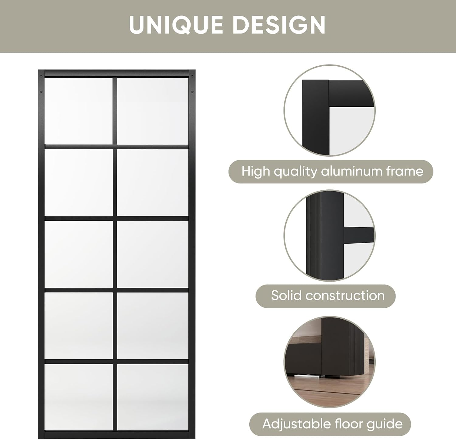 Jubest DIY Glass Sliding Closet Kitchen Door, 36in x 84in Modern French 5-Lite Clear Tempered Glass Aluminum Frame, Easy Assembly