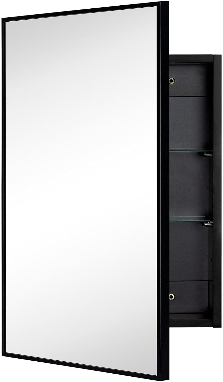 TEHOME 16.5'' x 24'' Black Recessed and Surface Mount Bathroom Medicine Cabinet with Mirror Matt Black Square Cornered Metal Framed Rounded Rectangle Medicine Cabinet Mirror