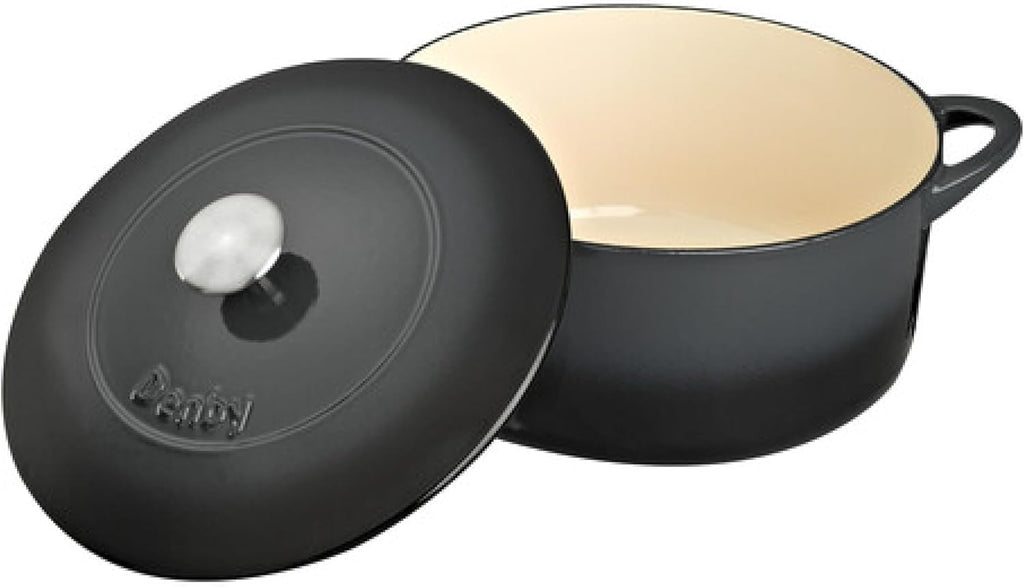 Denby - Halo Black Cast Iron Casserole Dish - Dutch Oven, Round Oven Safe Pot, Enamelled - 5.4L Capacity, 10in - Serves 6 People