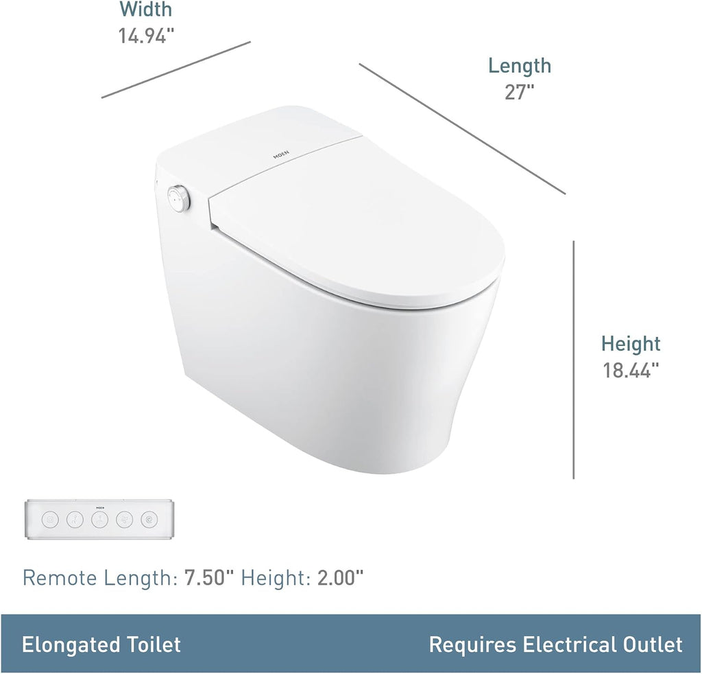 Moen ET900 2-Series Tankless Bidet One Piece Elongated Bidet Toilet with Remote, Auto Flush, and Warm Air Dryer, and Temperature Control, White