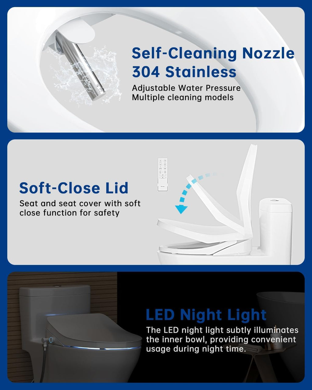 Heated Smart Toilet Seat with Feminine Wash & Dryer, Elongated Bidet with Adjustable Water Temperature, Pressure & Nozzle Position, Easy Installation & Soft-Close Lid for Modern Bathrooms