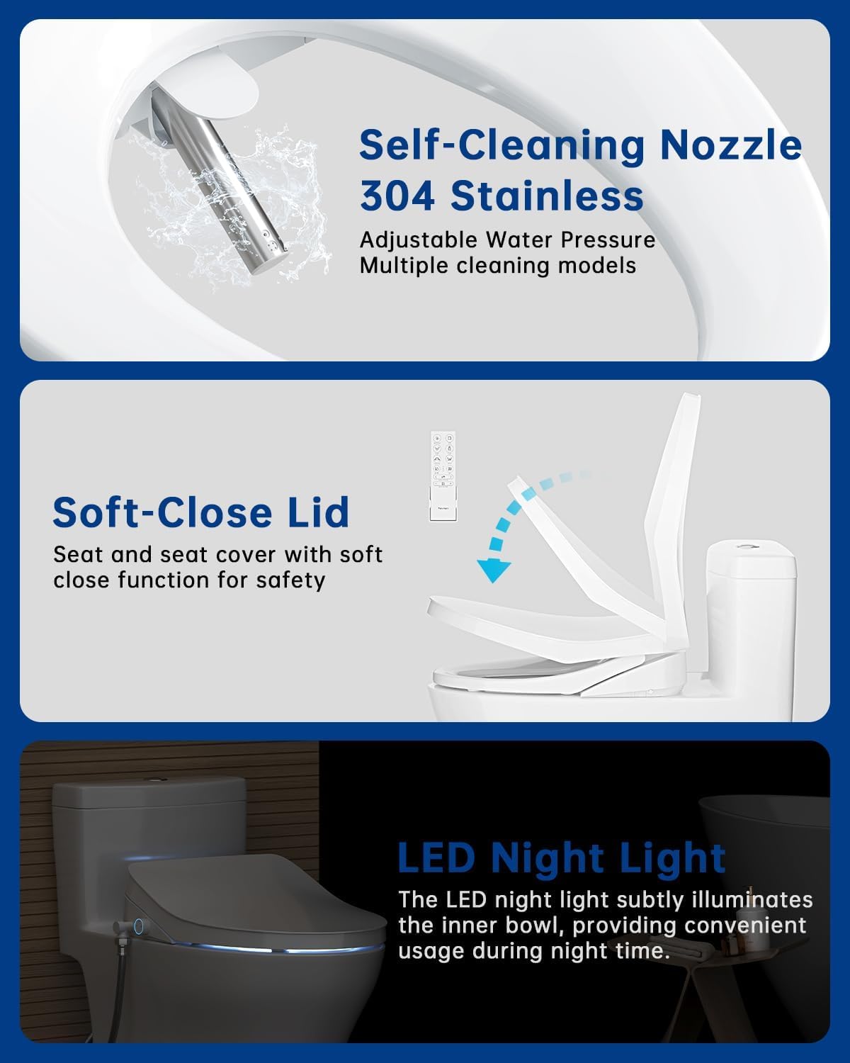 Heated Smart Toilet Seat with Feminine Wash & Dryer, Elongated Bidet with Adjustable Water Temperature, Pressure & Nozzle Position, Easy Installation & Soft-Close Lid for Modern Bathrooms