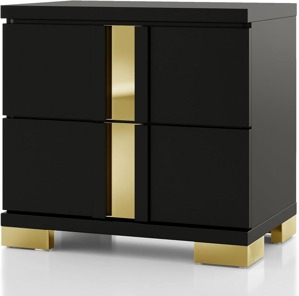 Furniture of America Ansten Modern Wood 5-Piece Platform Bedroom Set with Gold Trim, Underbed LED, Dust Proof Cases, Bracketed Metal Legs, No Box Spring Needed, Full, Black