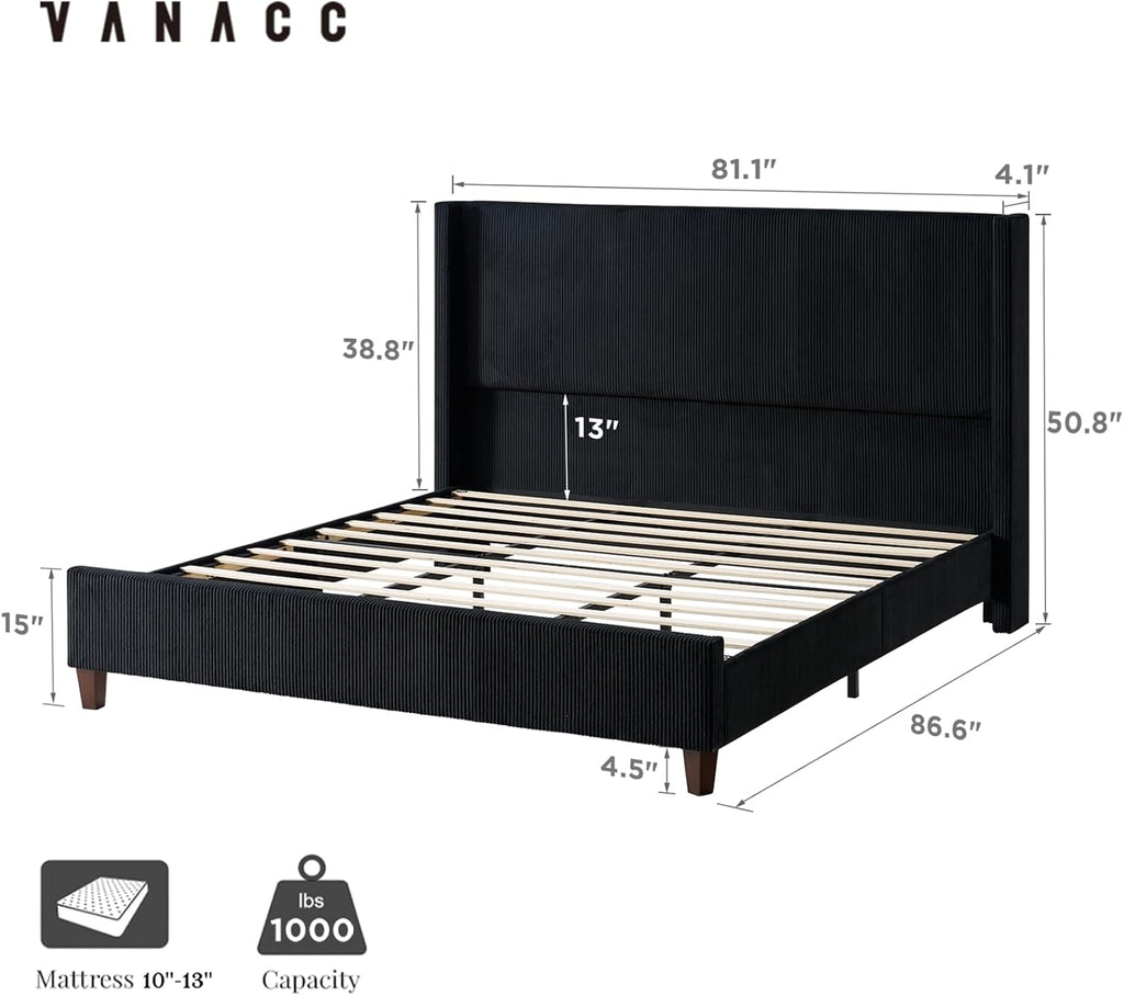 VanAcc King Size Platform Bed Frame, 50.8' Corduroy Upholstered Bed with Vertical Channel Tufted Headboard/Wooden Slats/Wingback/No Box Spring Required/Black