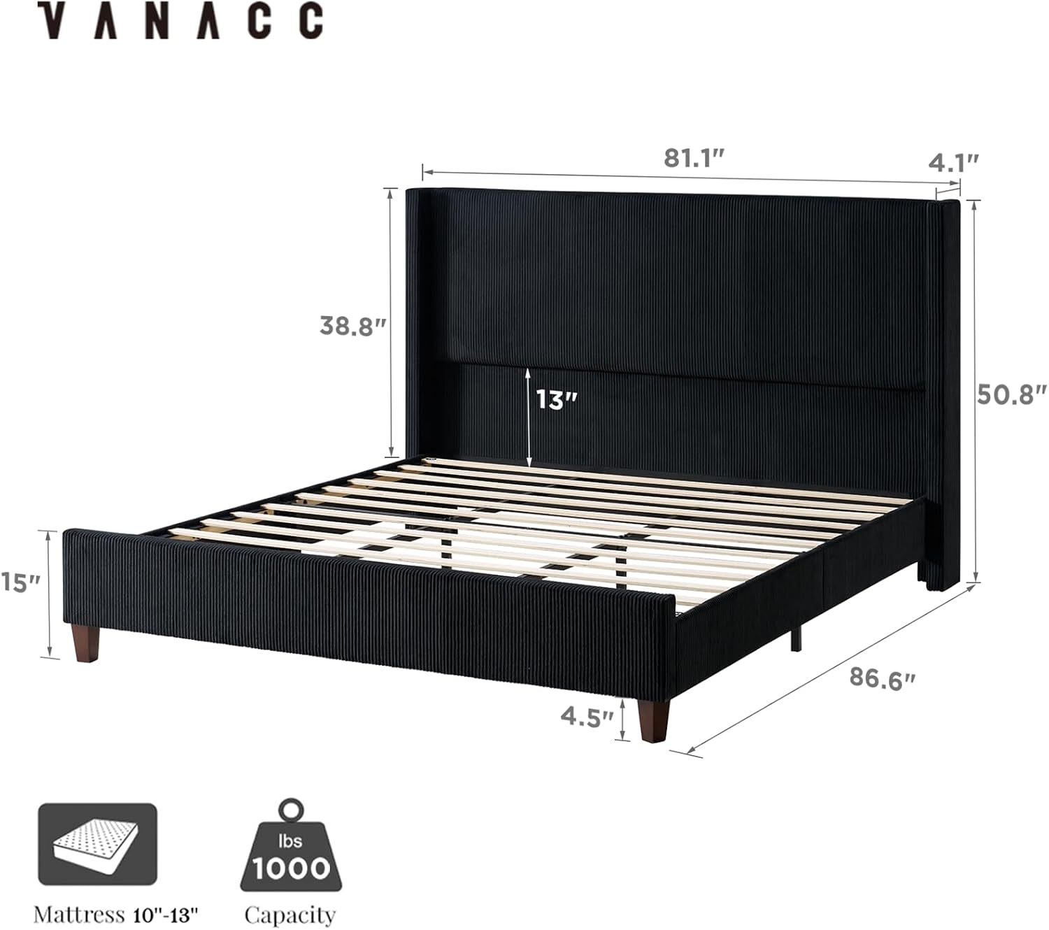 VanAcc King Size Platform Bed Frame, 50.8' Corduroy Upholstered Bed with Vertical Channel Tufted Headboard/Wooden Slats/Wingback/No Box Spring Required/Black