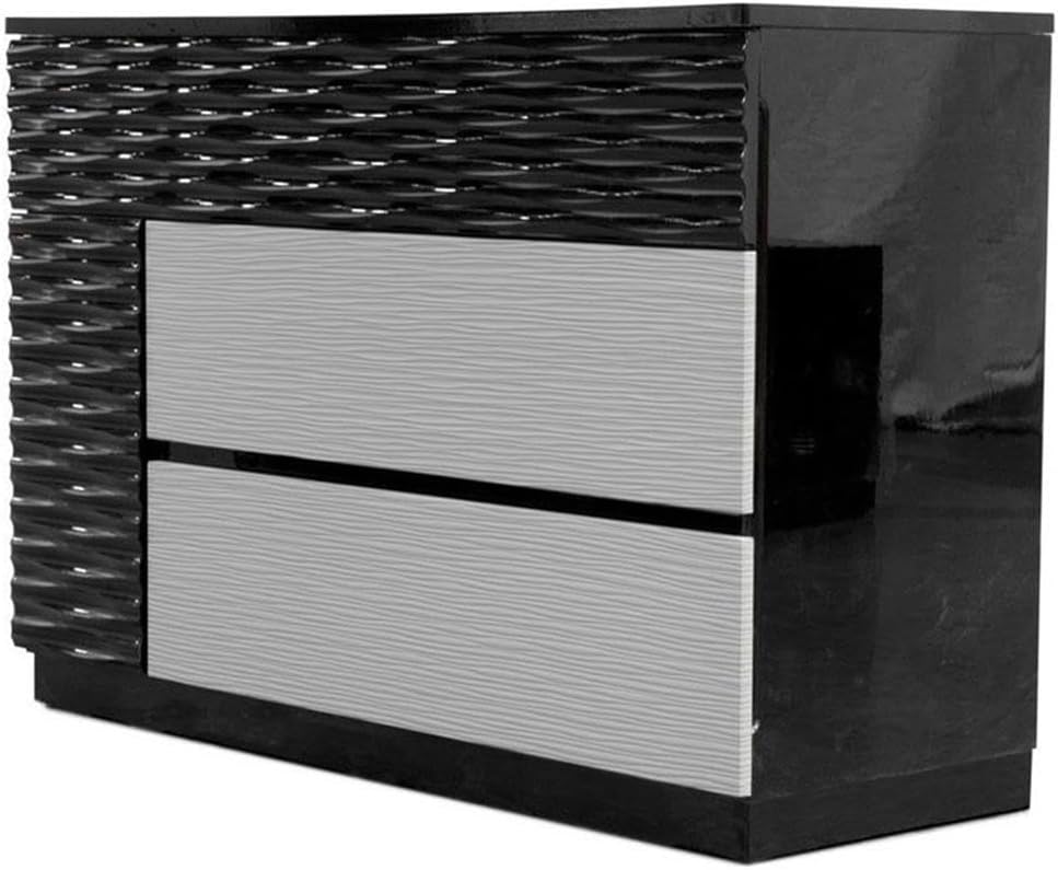 Pemberly Row 5-Piece East King Bedroom Set, Engineered Wood and Lacquer, Black/Gray Gloss Finish, Includes Bed, Dresser, Mirror, 2 Nightstands, Contemporary Design with LED Headboard