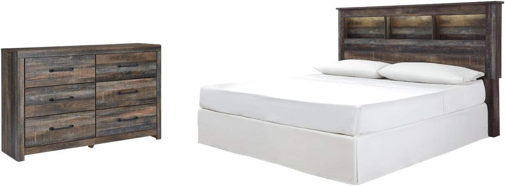 Signature Design by Ashley Drystan Rustic Industrial King/California King Bookcase Headboard with 3 Open Cubbies & Dimming LED Light, Weatherworn Brown