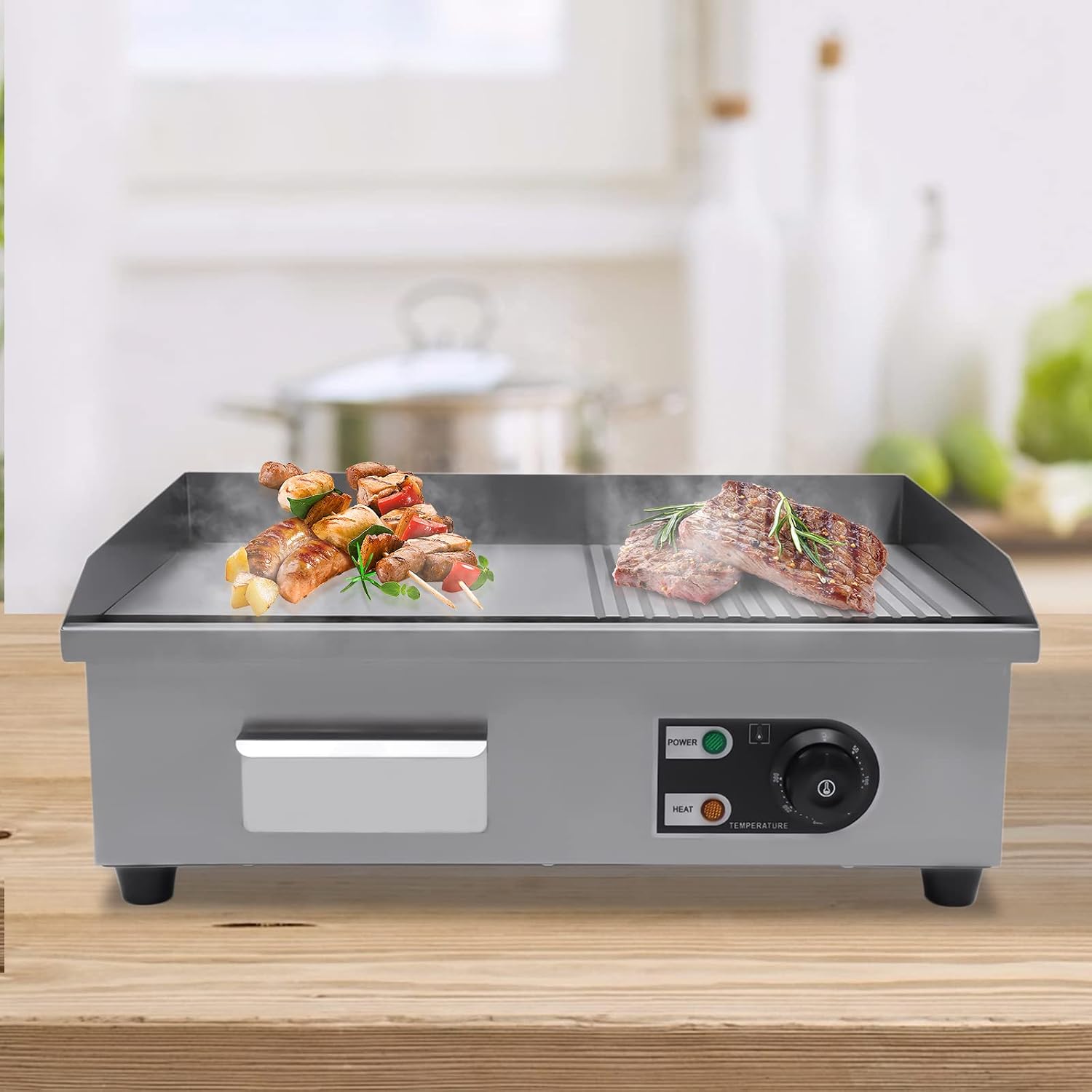 1600W Commercial Griddle, 22' X 13.7' Electric Griddles Grill,Commercial Flat Top Griddle Countertop Griddle Hot Plate Kitchen Stainless Steel Restaurant Grill, 50-300°C Adjustable Temperatures