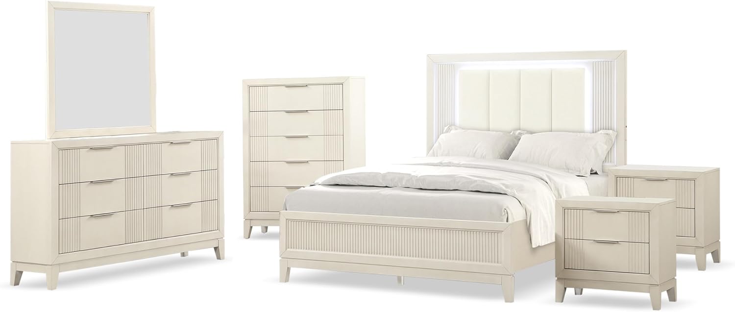 Furniture of America Oberlin Modern Solid Wood 6-Piece Bedroom Set with LED on Padded Fabric Headboard, Vertical Channel Tufting, Chrome Finger Pulls, Box Spring Needed, King, Antique White
