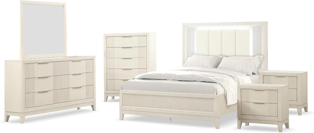Furniture of America Oberlin Modern Solid Wood 6-Piece Bedroom Set with LED on Padded Fabric Headboard, Vertical Channel Tufting, Chrome Finger Pulls, Box Spring Needed, Queen, Antique White