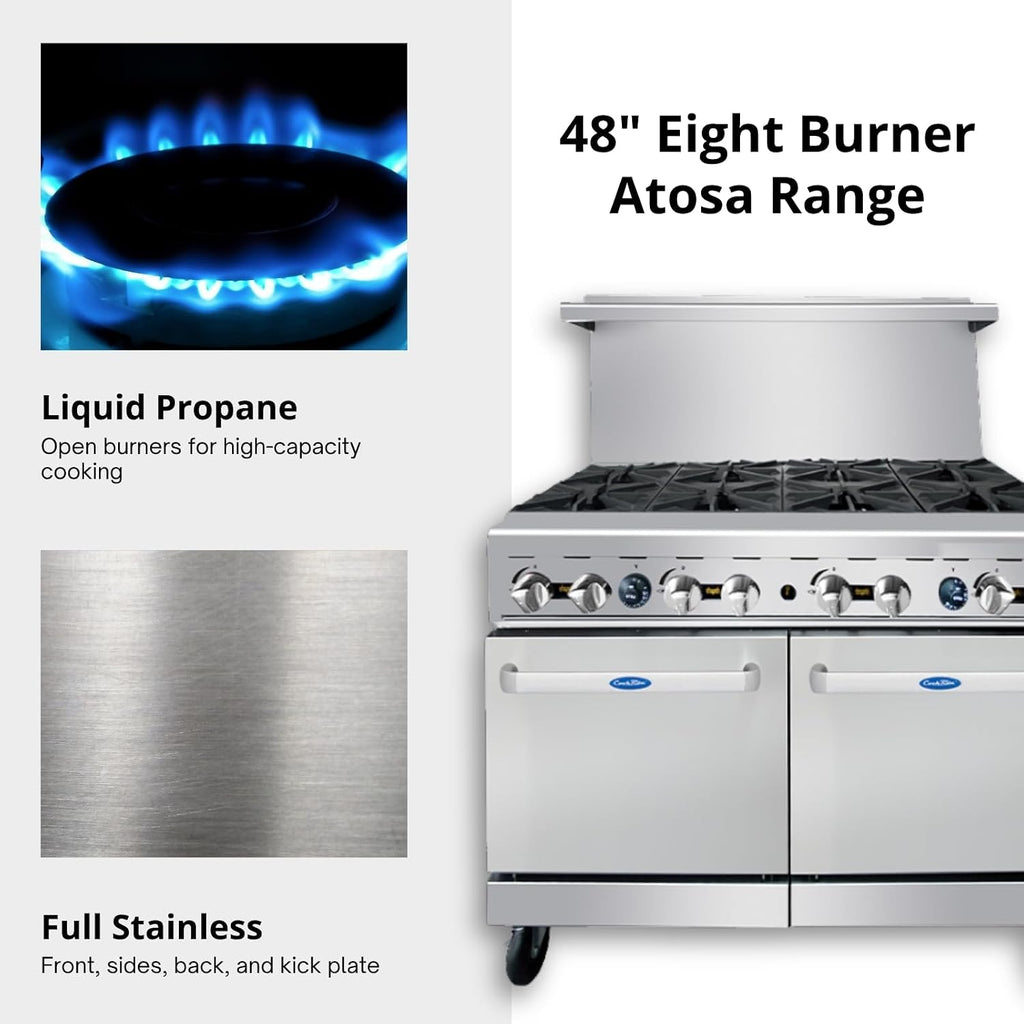 Atosa AGR Commercial Gas Range, 48' Gas Range, (8) Burners Top, (2) 20' Standard Ovens, Natural Gas (AGR-8B-NG)