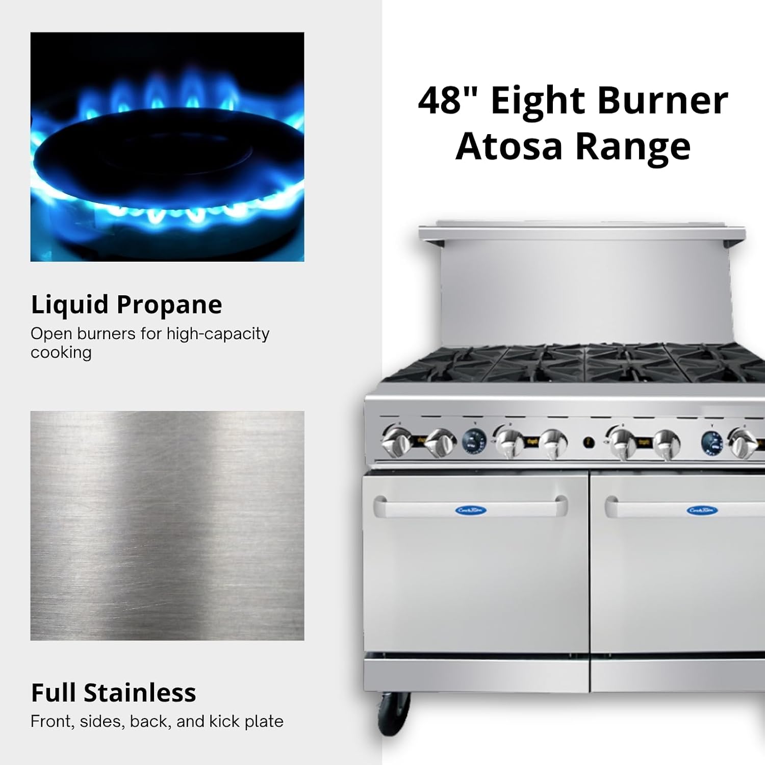 Atosa AGR Commercial Gas Range, 48' Gas Range, (8) Burners Top, (2) 20' Standard Ovens, Natural Gas (AGR-8B-NG)