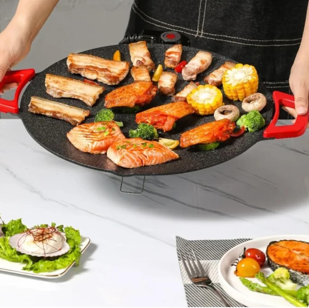 28CM Portable Non-Stick Electric Indoor Grill Pan, Household Round BBQ Griddle Plate Grill Pan Non-Stick Grill Adjustable Gears Barbecue