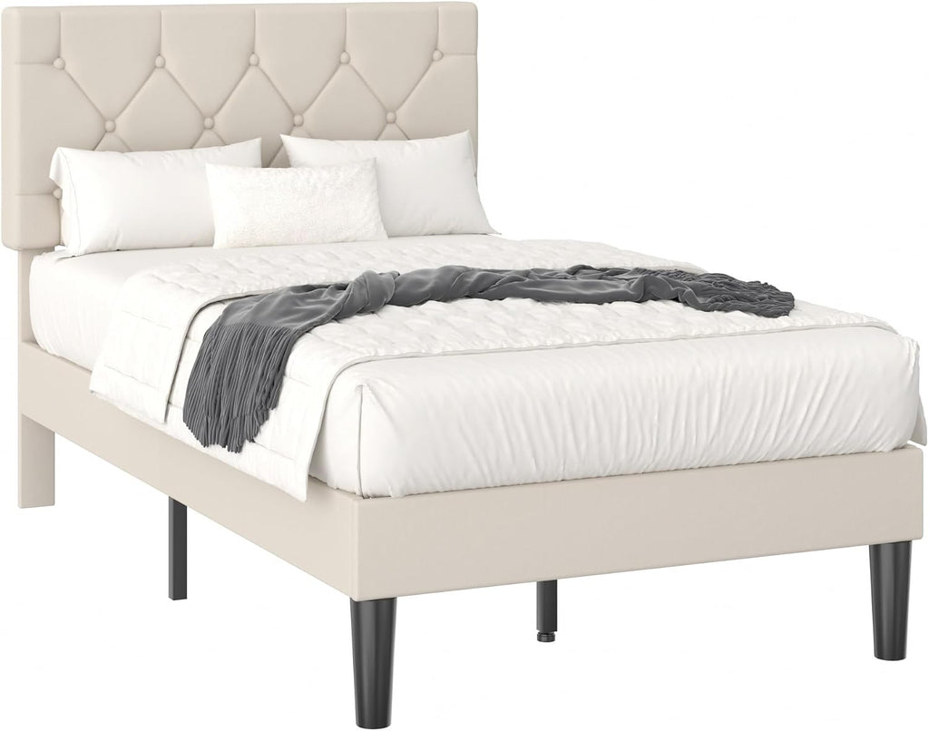 VECELO Twin Size Bed Frame with Button Tufted Headboard, Upholstered Platform Bedframe with Wood Slat Support, No Box Spring Needed, Dark Beige