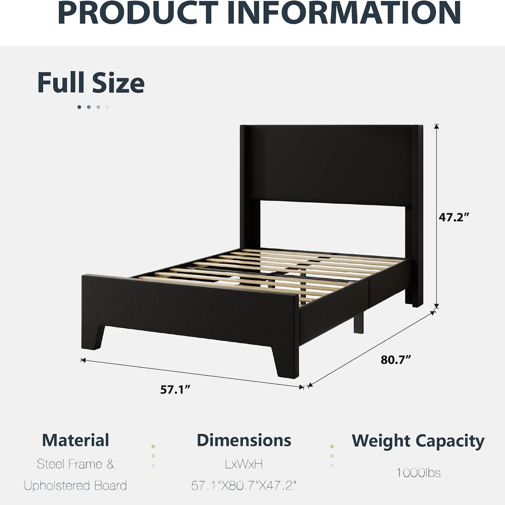 Full Size Bed Frame with Faux Leather Upholstered Headboard, Wear-Resistant, Easy Clean, Mattress Foundation, No Box Spring Required, Easy Assembly, Black