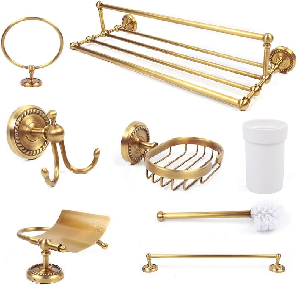 Bathroom Hardware Set, Wall Mount Towel Rack Kit for Family Needs, Includes Single Pole, Hand Towel Rack,Toilet Paper Holder, Brush Paper Holder, Soap Holder,Towel Ring, Hook (Vintage Copper 7pcs)