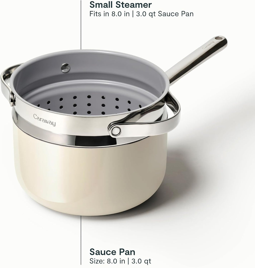 Caraway Nonstick 3 Qt Ceramic Sauce Pan with Lid & Steamer - Non Toxic, PTFE & PFOA Free - Oven Safe & Compatible with All Stovetops (Gas, Electric & Induction) - Cream