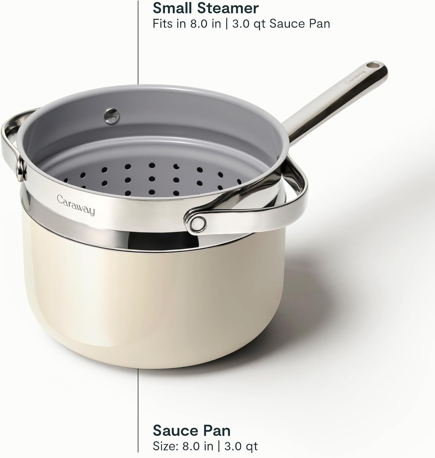 Caraway Nonstick 3 Qt Ceramic Sauce Pan with Lid & Steamer - Non Toxic, PTFE & PFOA Free - Oven Safe & Compatible with All Stovetops (Gas, Electric & Induction) - Cream