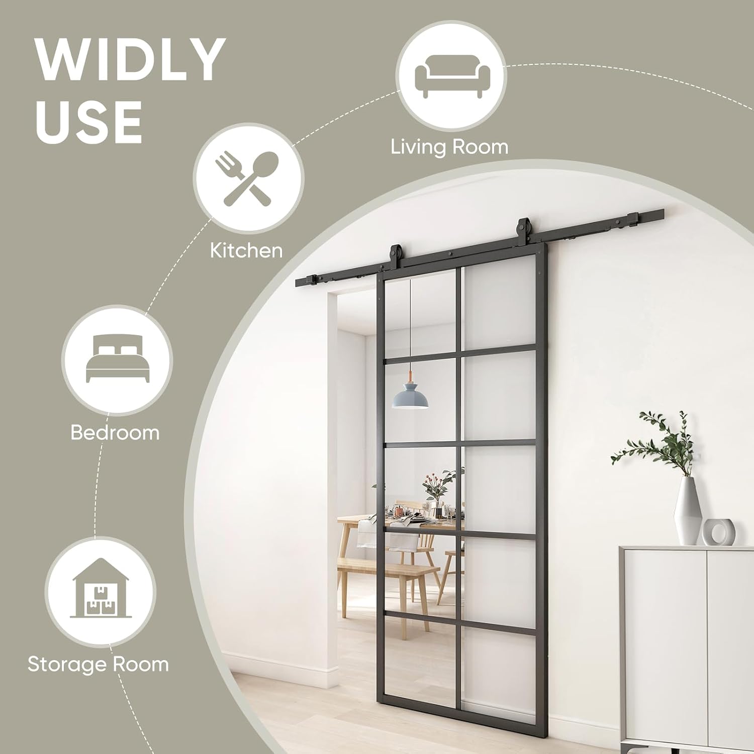 Jubest DIY Glass Sliding Closet Kitchen Door, 36in x 84in Modern French 5-Lite Clear Tempered Glass Aluminum Frame, Easy Assembly