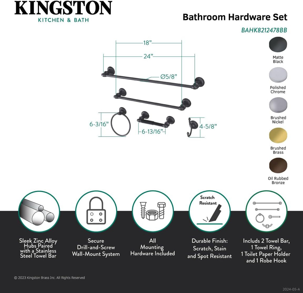 Kingston Brass BAHK8212478BB Continental 5-Piece Bathroom Accessory Set, Brushed Brass