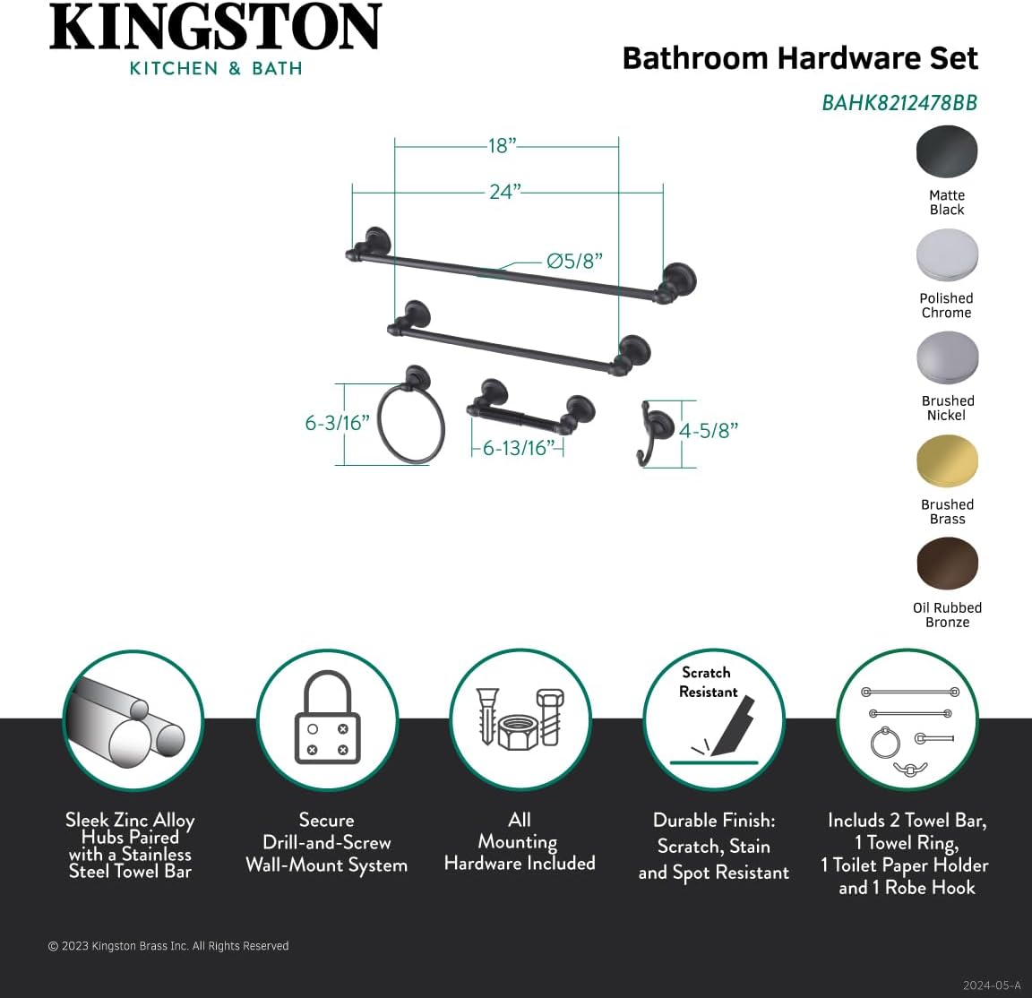 Kingston Brass BAHK8212478BB Continental 5-Piece Bathroom Accessory Set, Brushed Brass