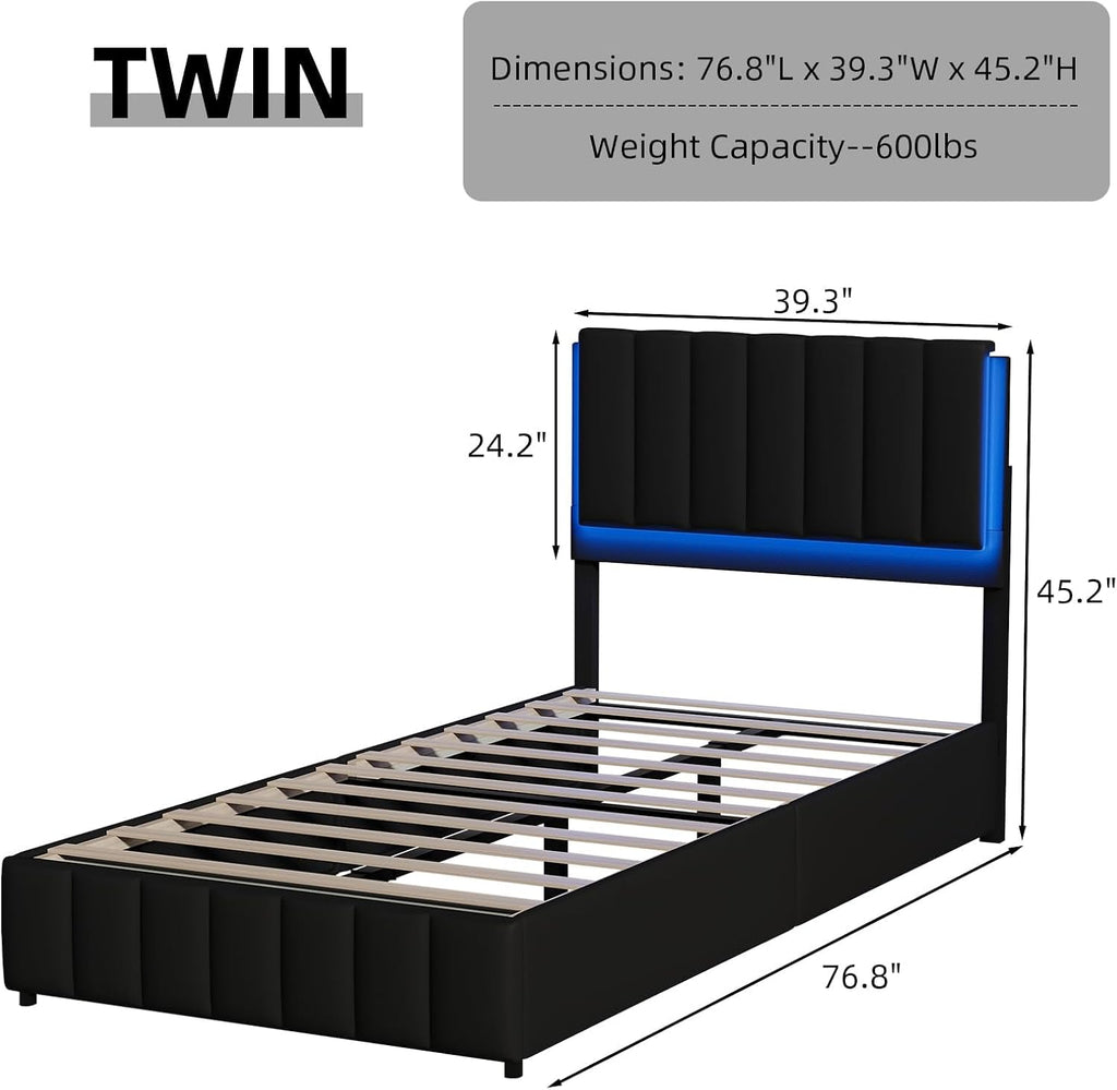 REVOMINCA Twin Upholstered Bed Frame with LED Lights, Faux Leather Platform Bed with Headboard and Wooden Slats Support, No Box Spring Needed, Noise-Free, Easy Assembly, Black