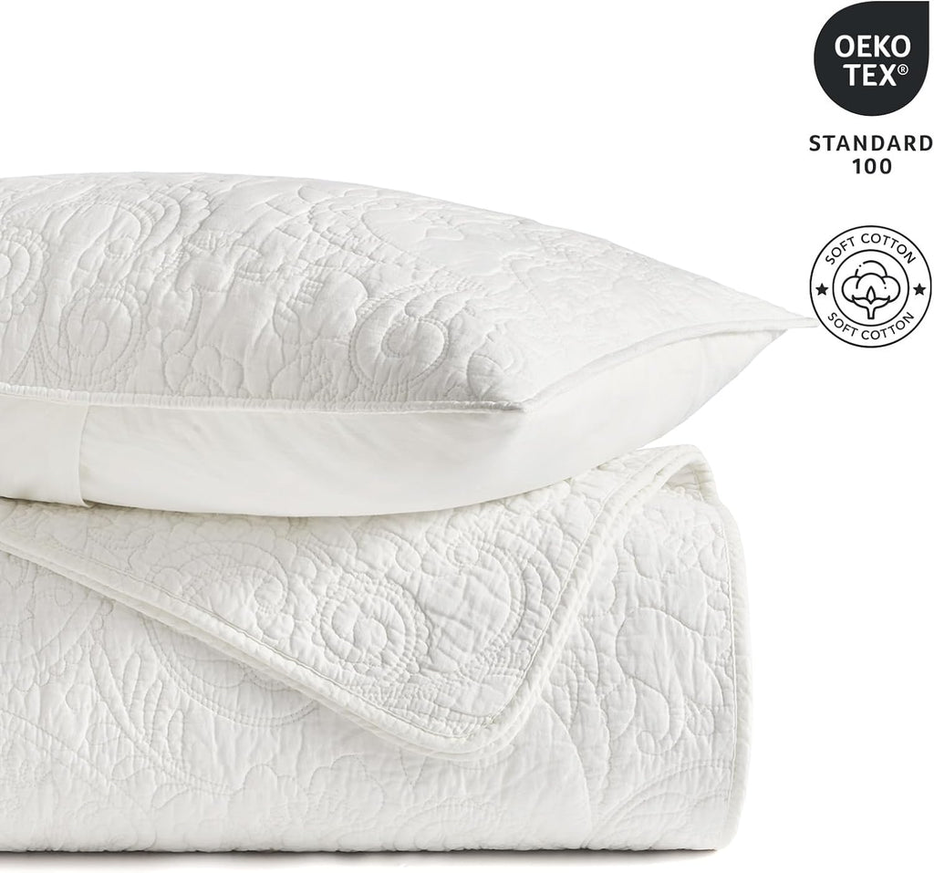 EVERGRACE 100% Cotton Paisley Quilt Set, Oversized King 3 Piece Set – Prewashed Lightweight Bedspread with 2 Shams, Soft & Breathable Matelasse-Style Quilted Coverlet, Bright White