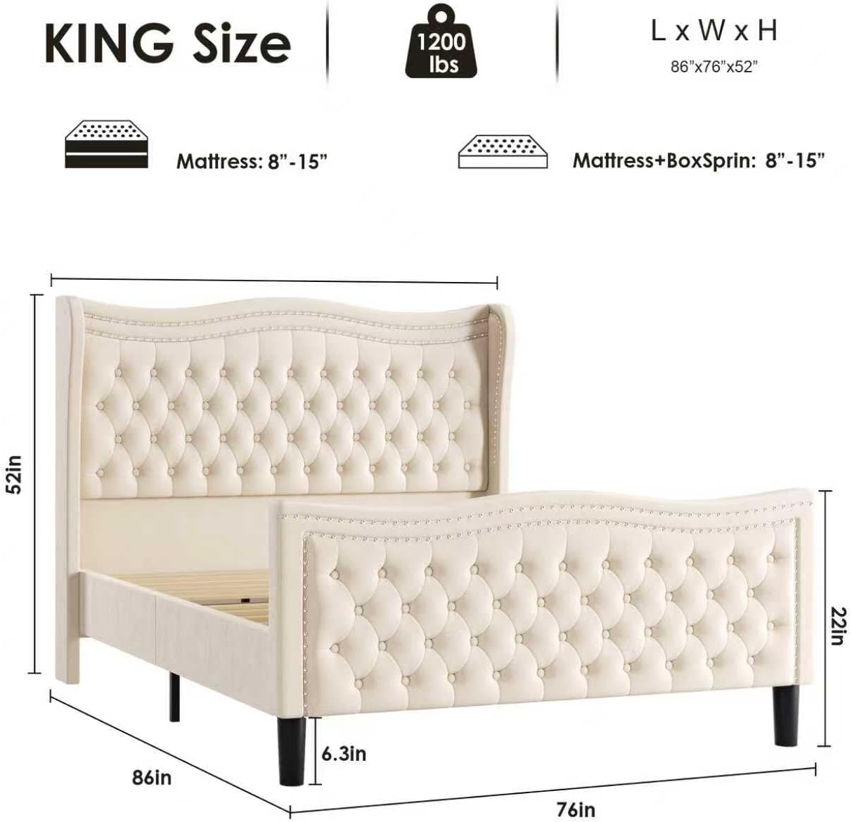 King Bed Frame with Tall Headboard & Footboard, Velvet Upholstered Platform Bed Frame with Deep Button Tufted Wingback, No Box Spring Needed, Noise Free, Beige
