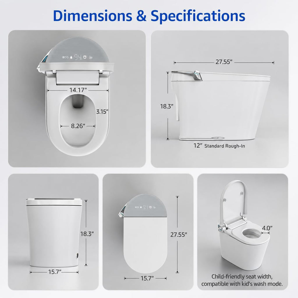 Smart Toilet with Bidet Built-In, Auto Open and Close, Elongated Bidet Toilet with Foot Sensor Flush, Heated Seat, Warm Water, Air Dryer, Foam Shield, Tankless Dual Flush & Remote Control