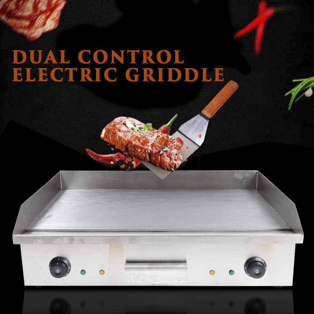 Commercial Griddle,3000W 110V Commercial Electric Countertop Griddle Stainless Iron Flat Top Grill Hot Plate BBQ 50°C to 300°C Adjustable Temp Control