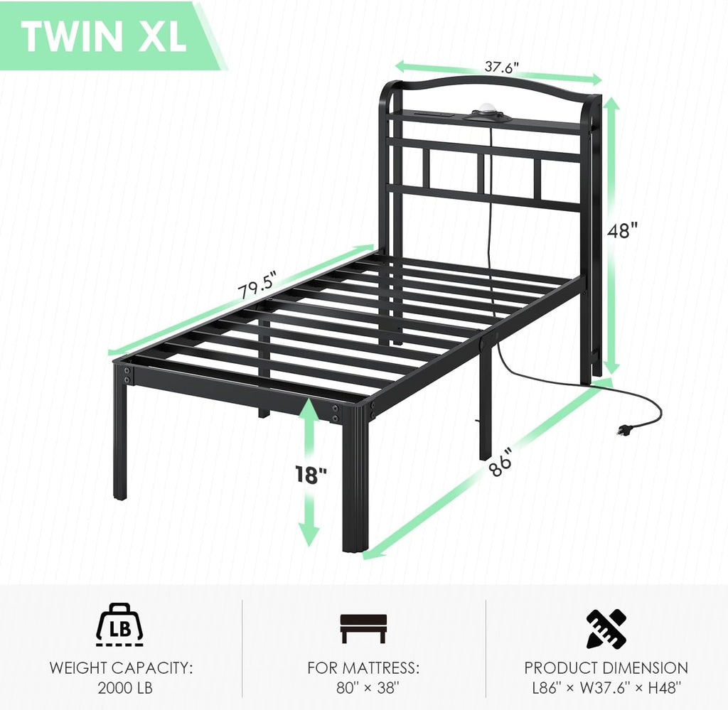 QEROMY Twin XL Bed Frame - Storage Headboard with Galaxy Aurora Star Projector & Charging Station, 18 inch Heavy Duty Metal Bed Frame No Box Spring Needed, Easy Assembly