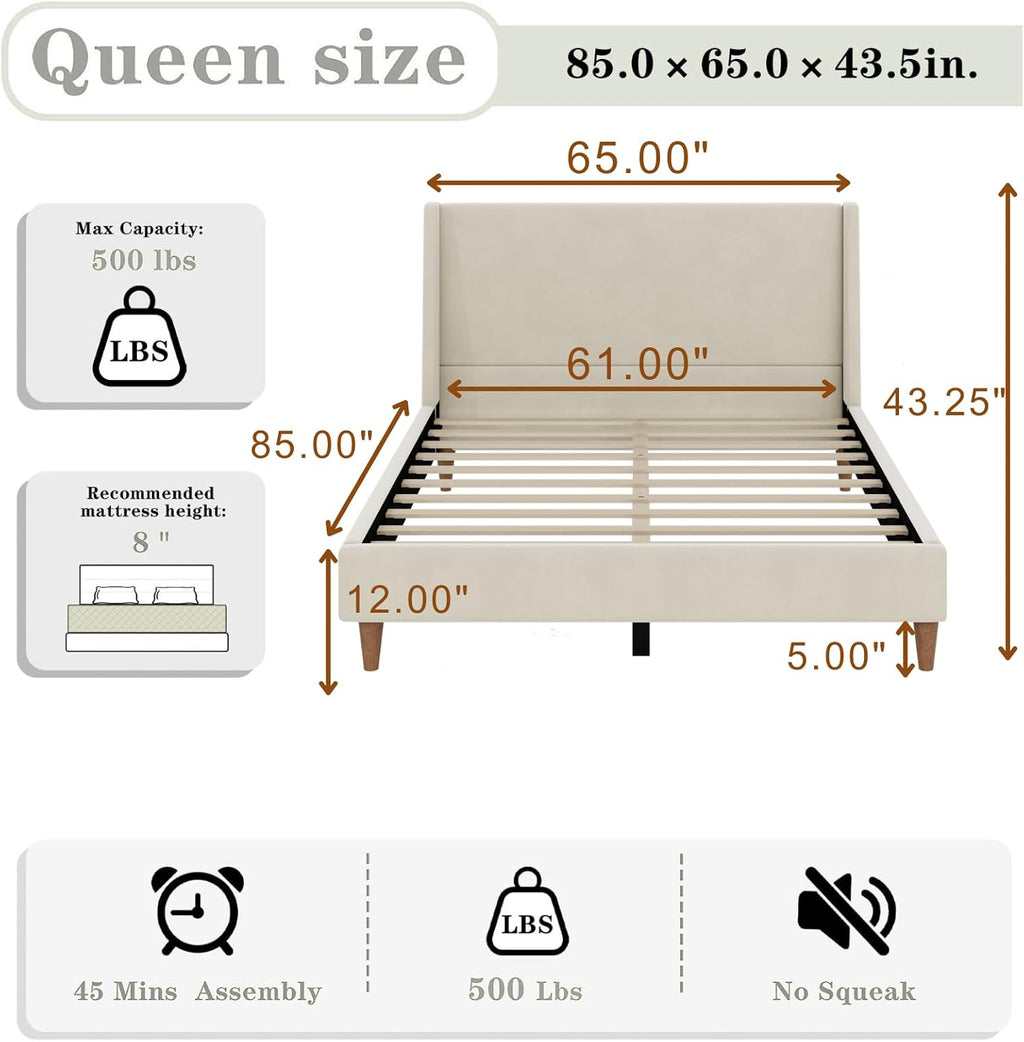 Queen Size Upholstered Platform Bed Frame, Modern Wingback Beds with Tall Headboard, Upholstered Bed Frames with Walnut Wooden Legs, No Box Spring Needed/Easy Assembly, Beige Velvet