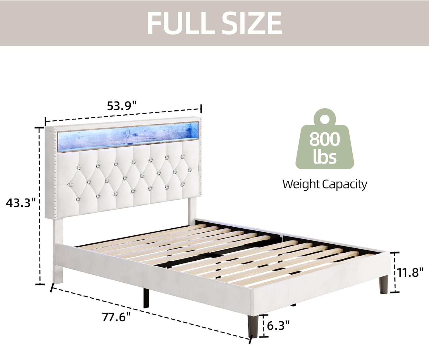 HOMBCK Full Size Bed Frame with LED Lights, Velvet Upholstered Bed Frame Full with Charging Station and Storage Headboard, Modern Diamond and Rivet Design, No Box Spring Needed, Easy Assembly, Beige