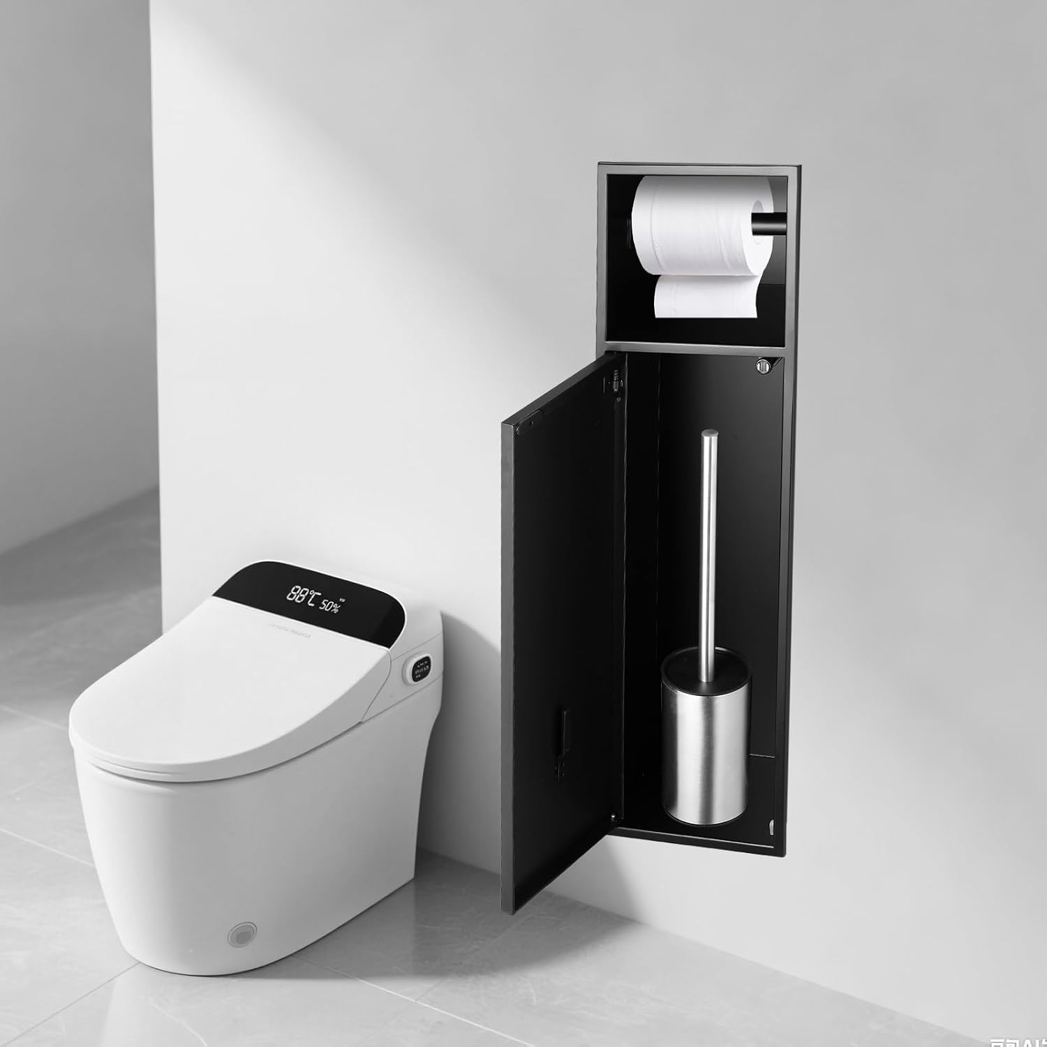 Recessed Toilet Paper Holder Plus Toilet Brush Cupboard in Matte Black with Toilet Brush, Size 6 * 24 * 4.94in (L*H*D), Built-in Toilet Paper Dispenser, Modern and Space-Saving for Bathroom