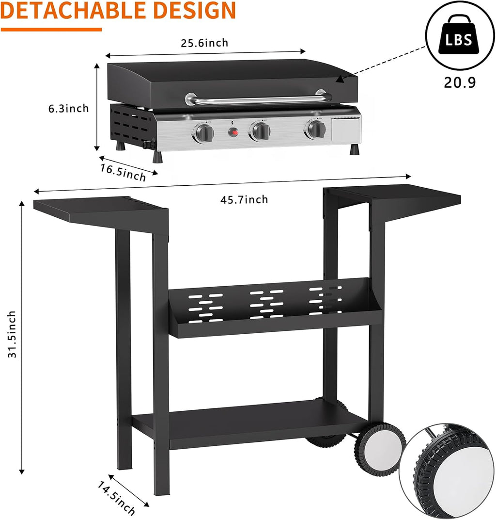 SKOK 3 Burners Outdoor Gas Griddle with Hood, Portable Flat Top Gas Grill-Table Top Propane Griddle Station with Side Shelves