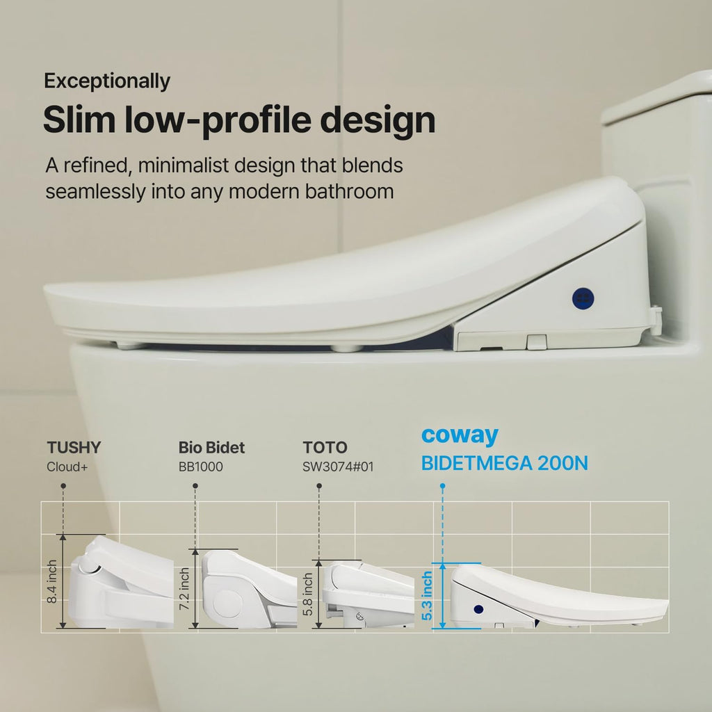 COWAY Bidetmega 200N Electronic Bidet Toilet Seat with Instantaneous Water Heating, Heated Seat and Dryer, Soft Close Lid, Stainless Nozzle, Night Light, Self Cleaning, Remote Control, Elongated
