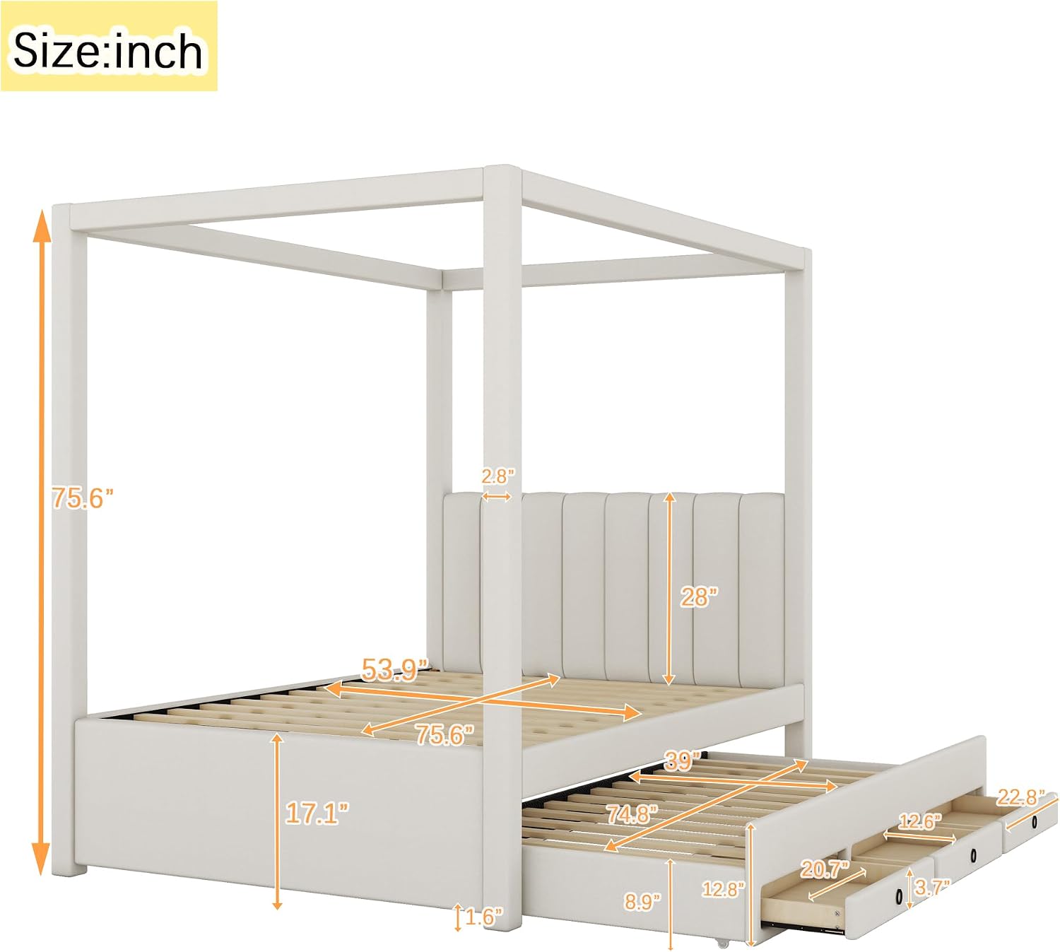 Full Size Linen Upholstered Canopy Bed with Trundle and 3 Storage Drawers for Bedroom, Guest Room (Full)