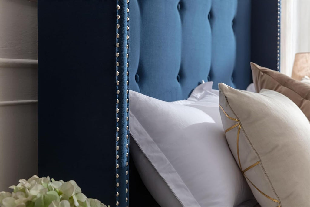 Peyton Upholstered King Bed Frame with 54' Tall Headboard Velvet Wingback Platform Bed with Hand-Buttoned Tufting and Nailhead Trim Strong Wood Slats Support No Box Spring Needed Easy Assembly Blue