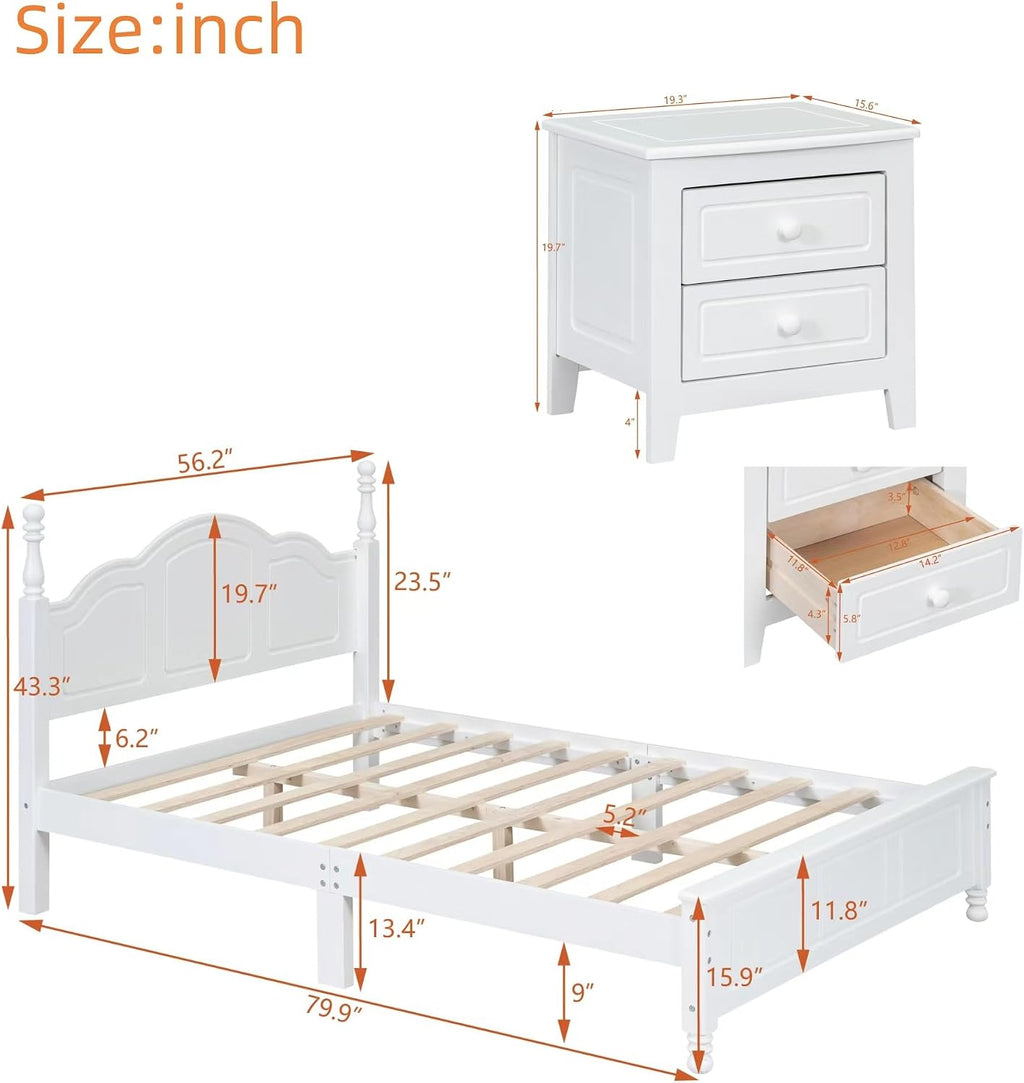 Harper & Bright Designs 3 Pieces Full Size Bedroom Sets, Solid Wood Platform Bed Frame with Heeadboard, 2 Nightstands, Farmhouse Design Full Bedroom Furniture Sets, Easy to Assemble (White)