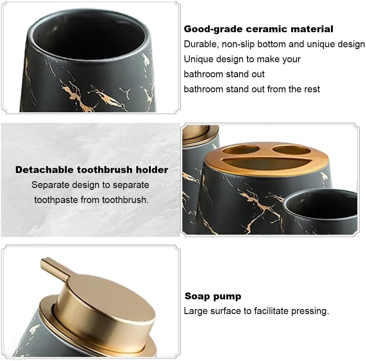 Bathroom Accessories Set Ceramic Bathroom Accessory Set Plant Patterns Accessories with Soap Dispenser Dish Tumbler for Home Decor Victorian(3 Piece Set-Black)