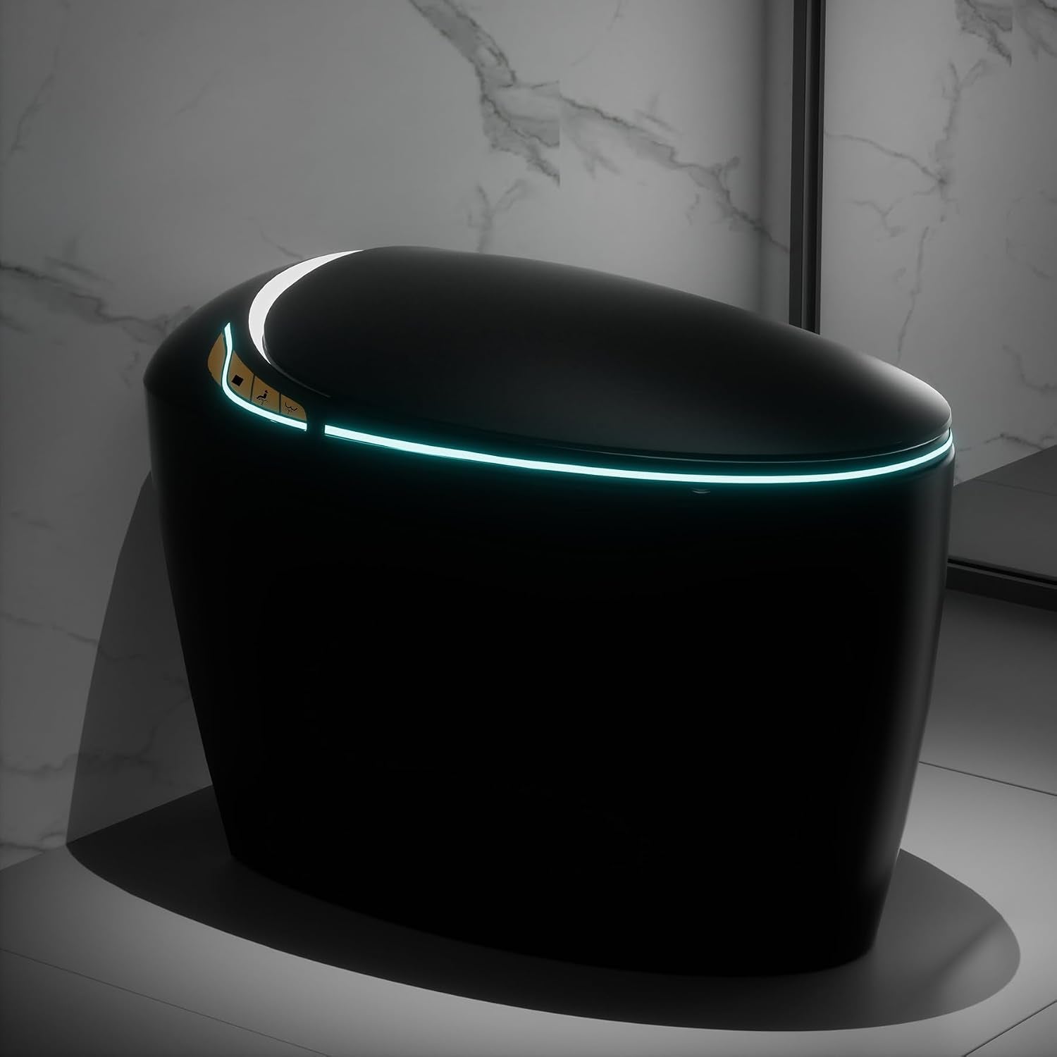 WinZo Luxury Smart Toilet With Bidet Seat, Elongated Egg Shaped Modern Design, Auto Open Auto Flush, Adjusted Heated Seat, Warm Water and Dryer, Night Light, Side Buttons, Matte Black