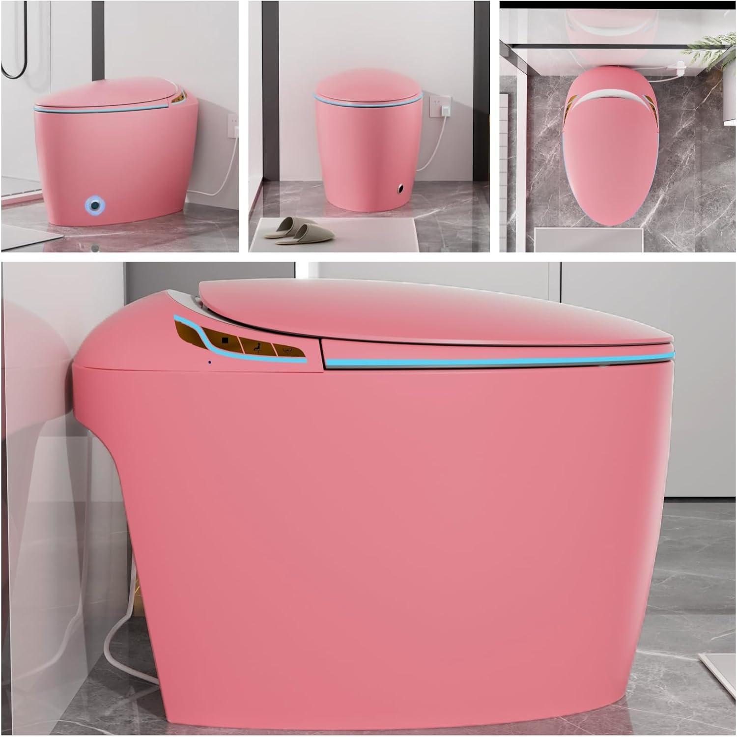 Tankless Smart Toilet with Bidet Built In, Heated Seat, Warm Water and Dry Night Light, Auto Flush, Auto Open & Close Lid, ADA Comfort Height,Egg Design Pink