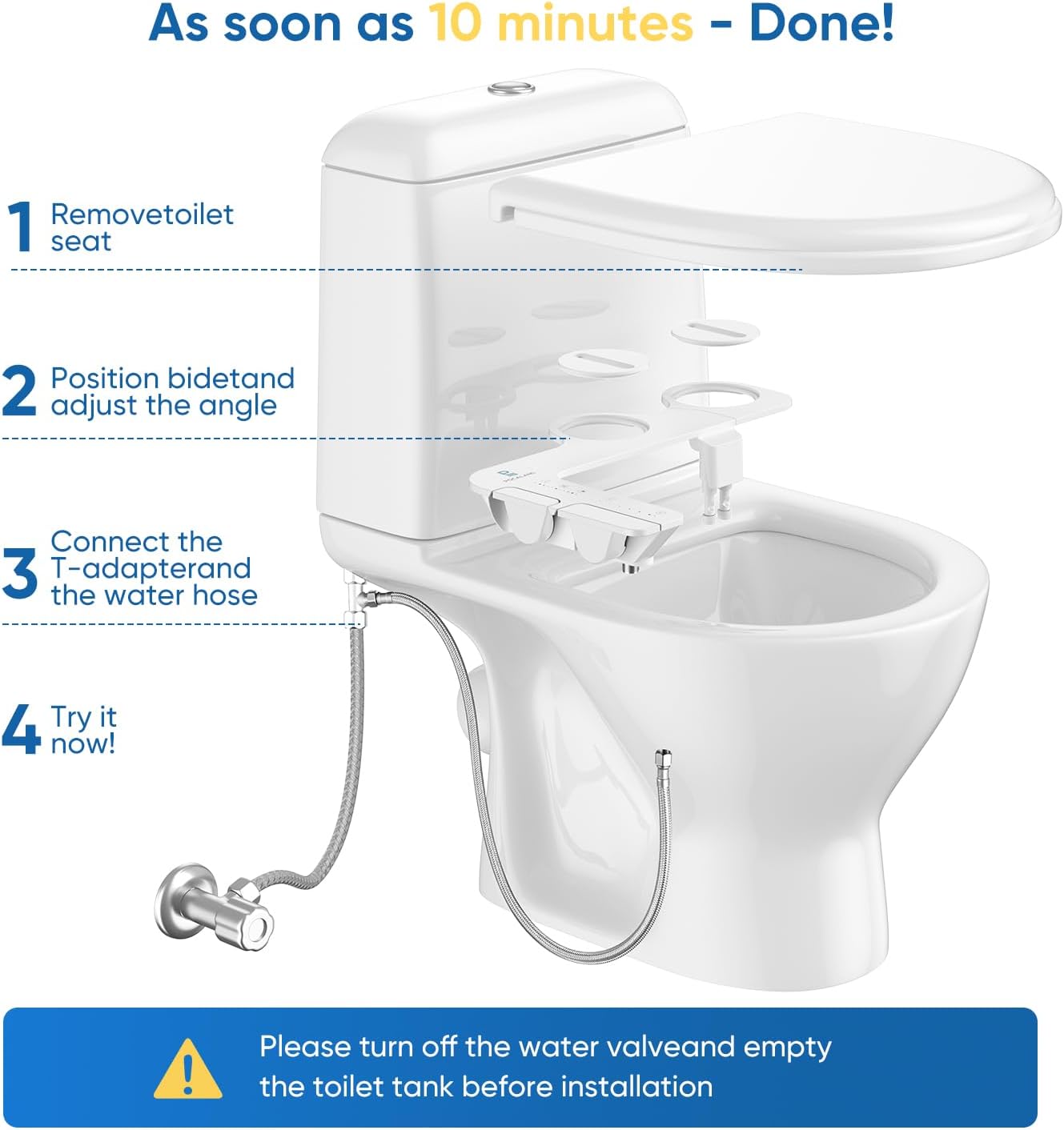 Non-Electric Bidet Attachment for Toilet Seat, Adjustable Fresh Cold Water Pressure, Stainless Steel Inlet