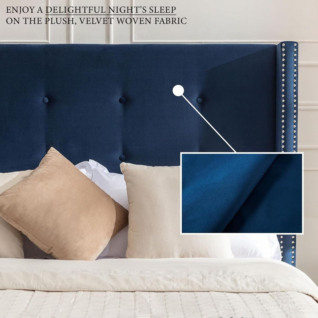 King Size Bed Frame,54'High Headboard Button Tufted Nailhead Trimmed Backrest Headboard,Velvet Metal Upholstered Platform Bed Frame,Wooden Slats Provide Strong Support,No Springs Required,Blue