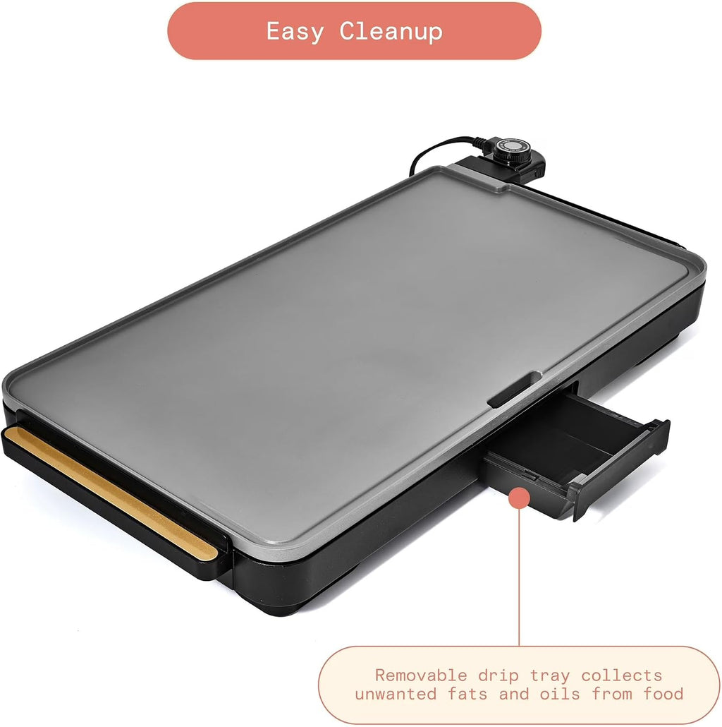 XL Electric Griddle 12' x 22' – Non-Stick, Family Size, Adjustable Temperature, Removable Drip Tray (Black Sesame)
