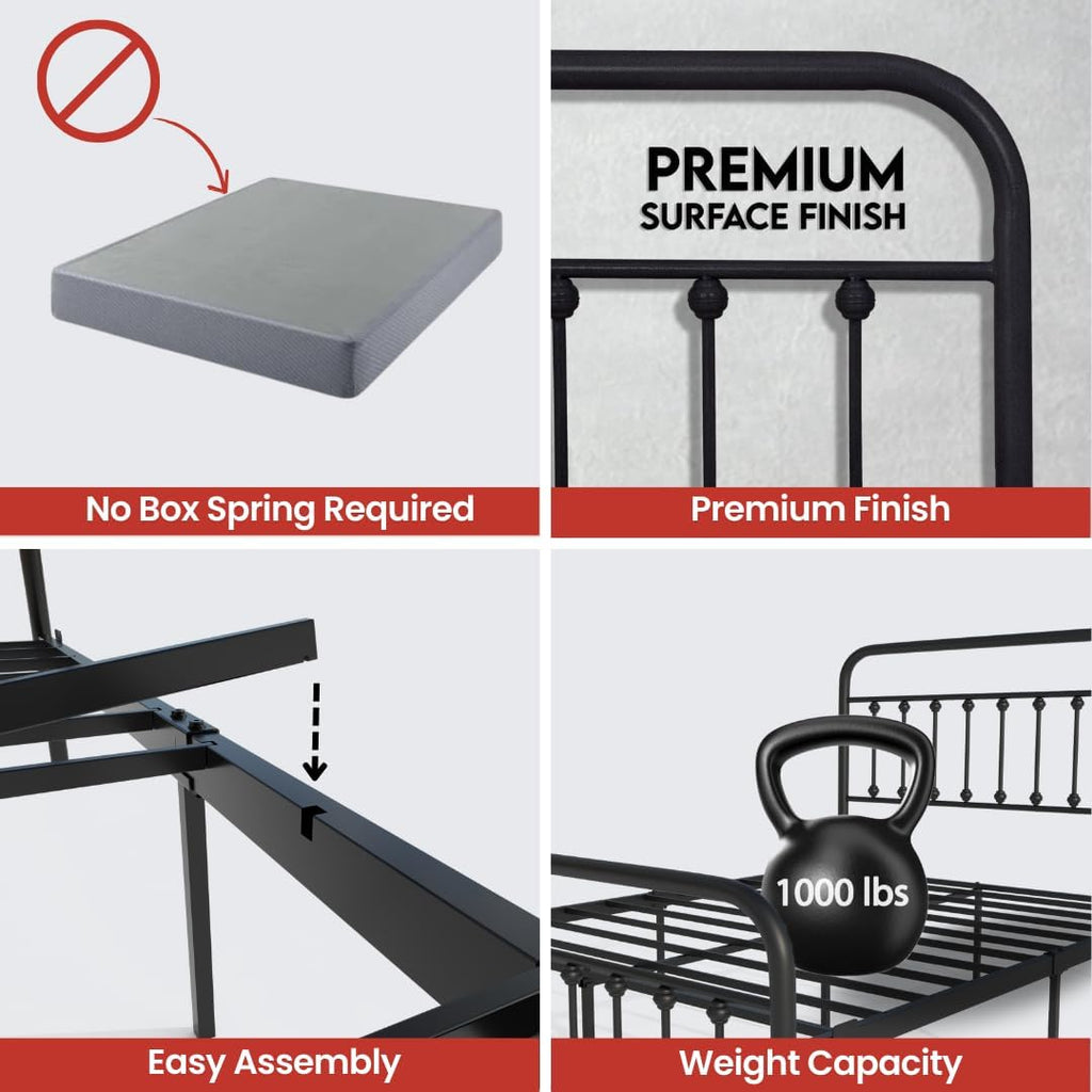 AMBEE21 Golden Gate Beds Vintage Style Metal Bed Frame with Wrought Iron Headboard and Footboard, Classic Platform Bedframe with Storage, No Box Spring Needed, Mattress Foundation, Black, Queen Size